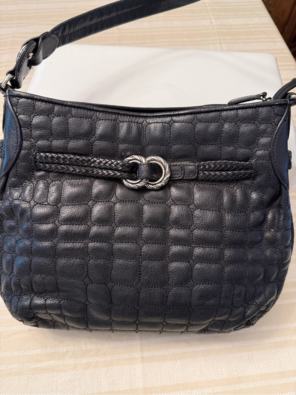 Brighton-Black Quilted Leather Shoulder Bag Braided Accent-measuring 11 x 13“